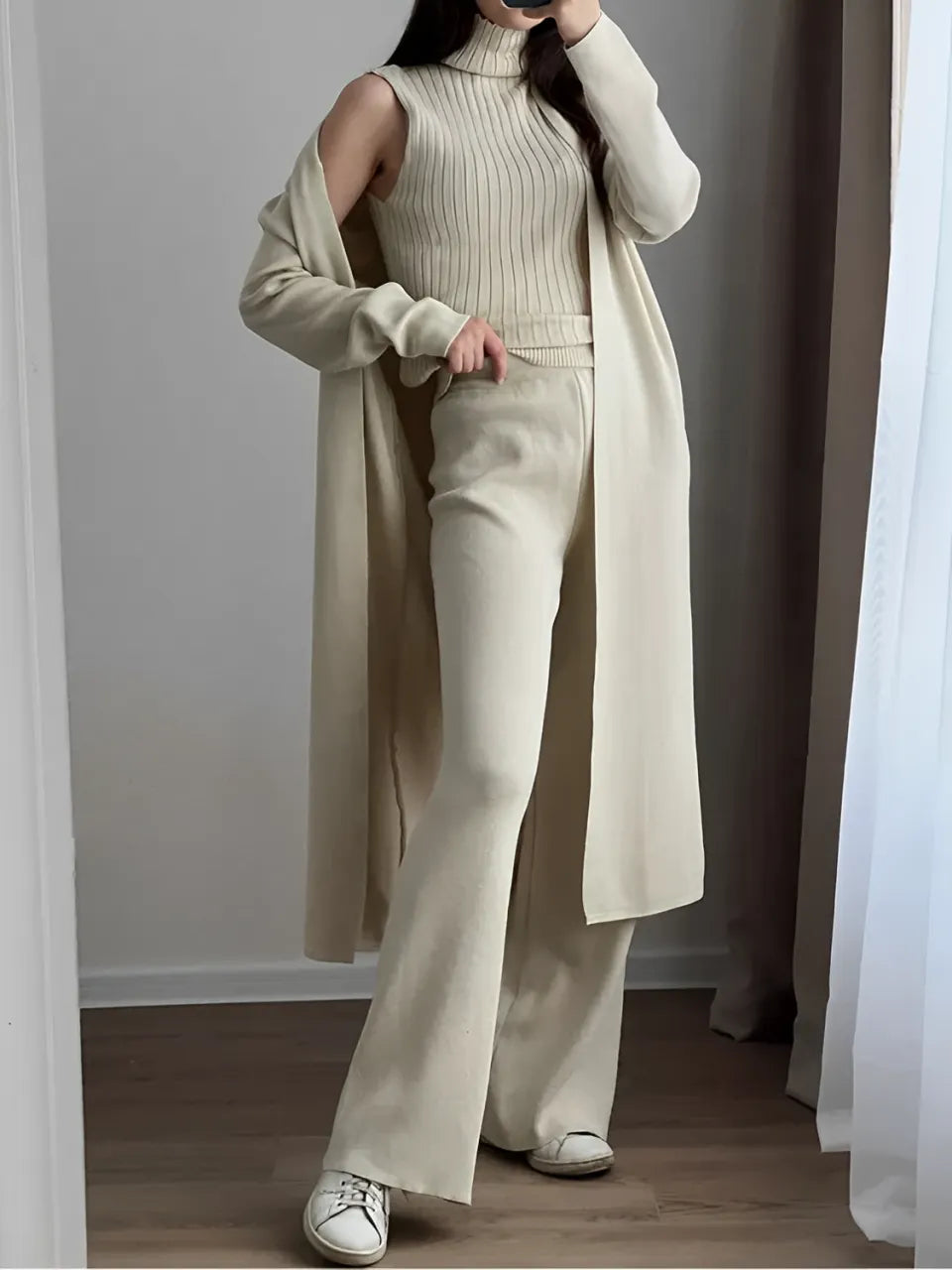 Conjunto 3 Peças com Blusa Canelada Cardigan e Calça Pantalona - Lolla