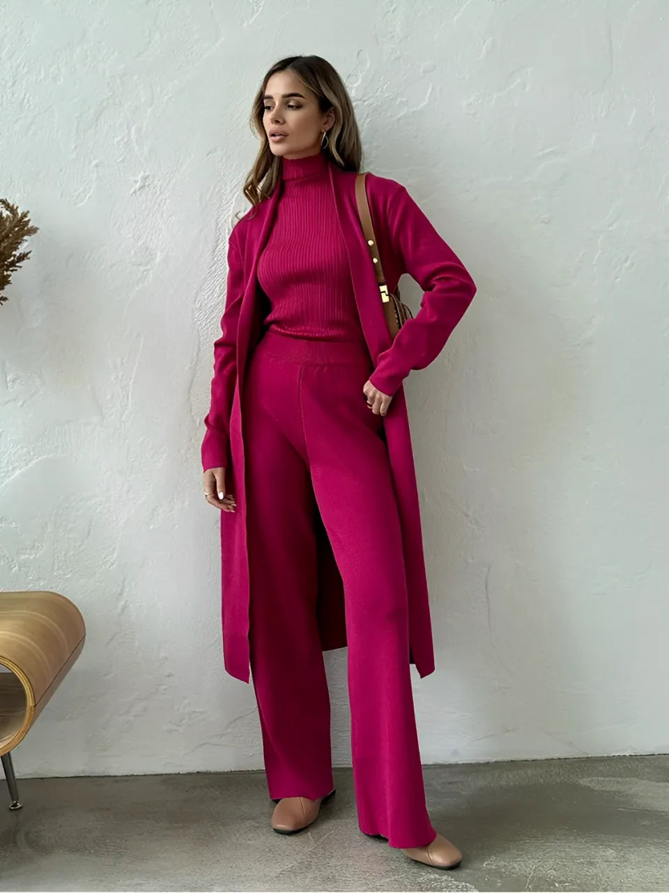 Conjunto 3 Peças com Blusa Canelada Cardigan e Calça Pantalona - Lolla