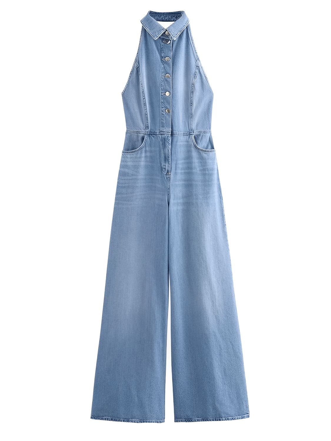 Macacão Feminino Jeans com Decote Nadador e Abertura Frontal em Botões Modelagem Wide Leg - Jordana