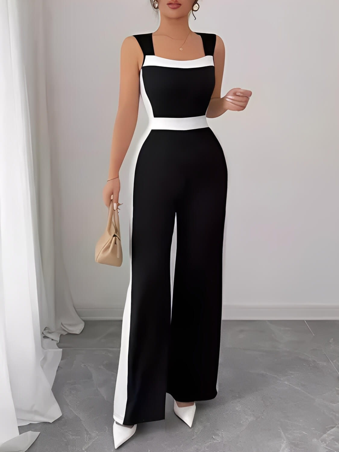 Macacão Longo Pantalona com Faixas Laterais e Gola Quadrada – Eliane