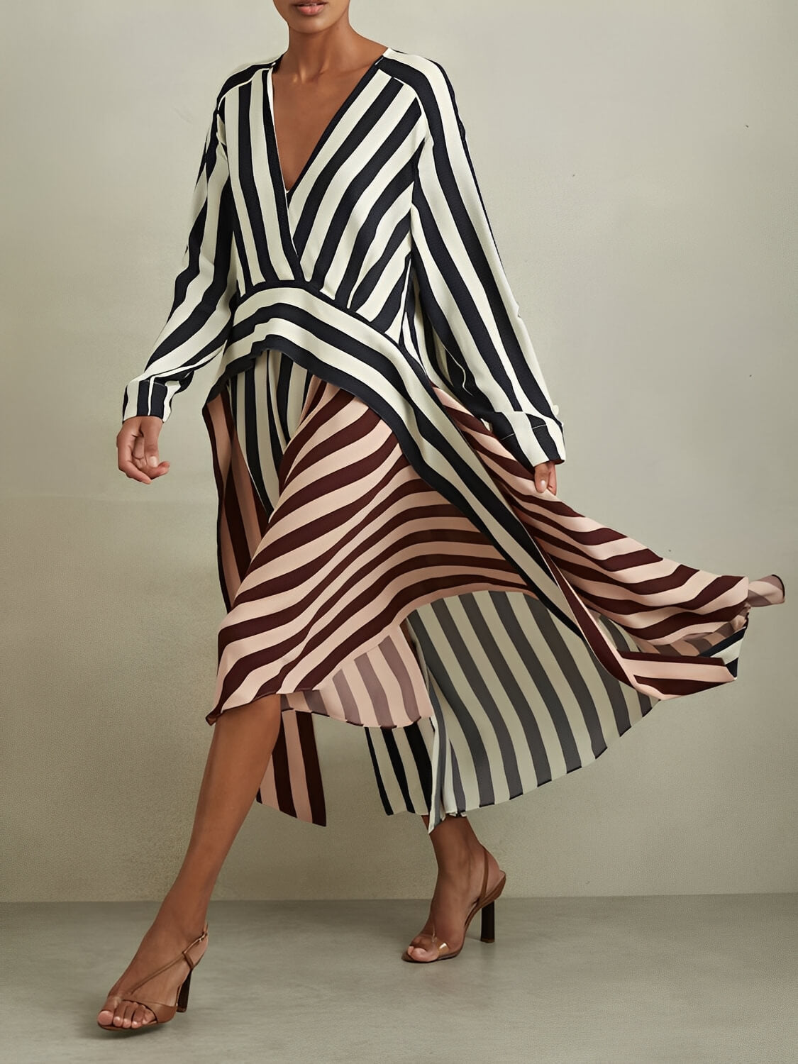 Vestido Mullet Listrado Manga Longa com Decote V Bicolor - Maris