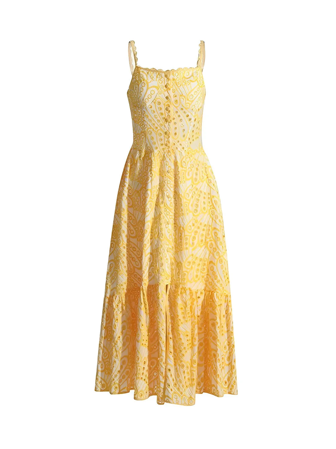 Vestido Midi de Laise com Babados Delicados e Elástico nas Costas – Marina