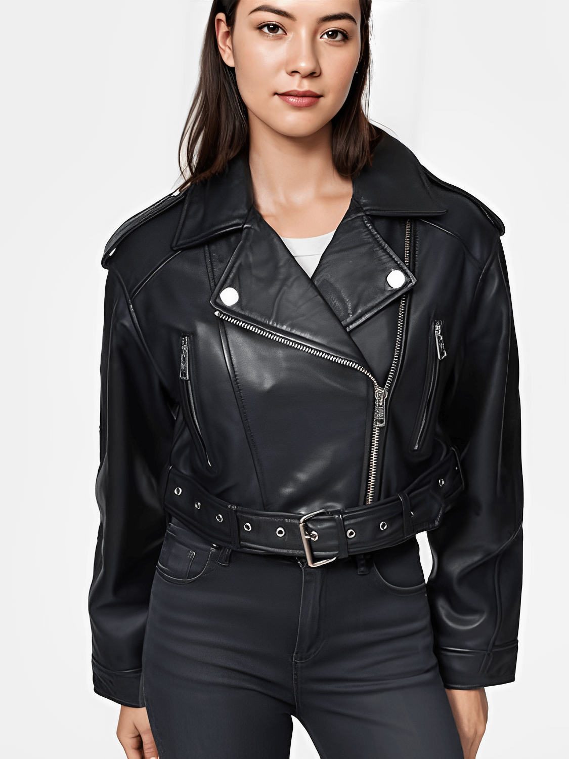 Jaqueta Feminina Cropped em Couro PU com Zíper Transversal e Cinto Decorativo na Barra - Eleonor