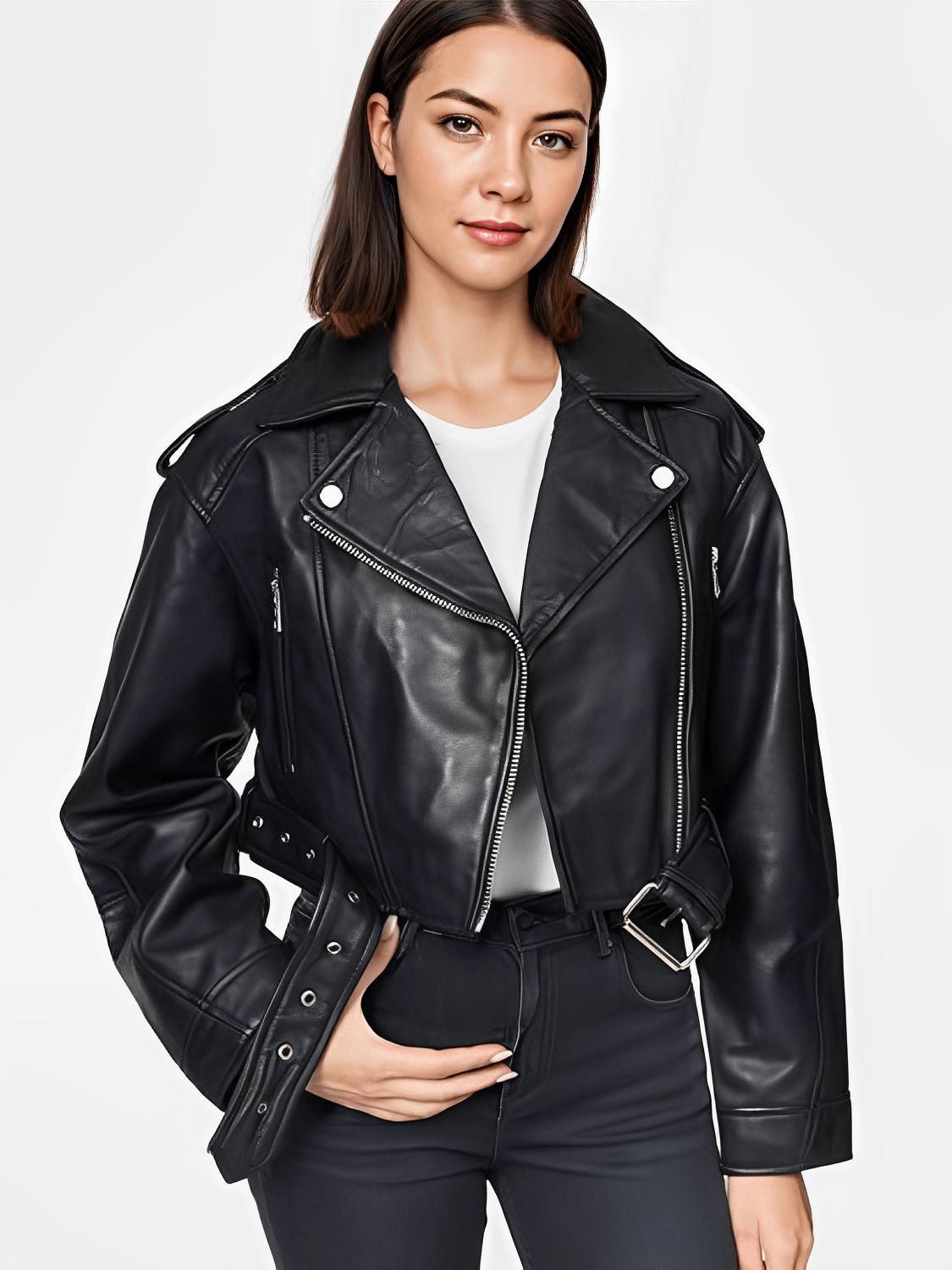 Jaqueta Feminina Cropped em Couro PU com Zíper Transversal e Cinto Decorativo na Barra - Eleonor