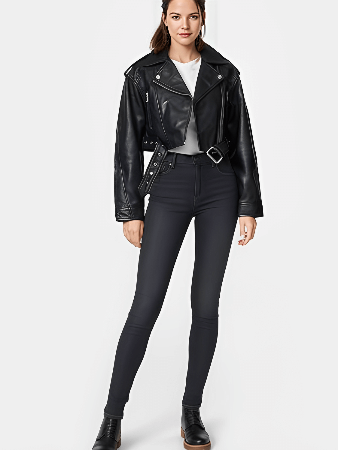 Jaqueta Feminina Cropped em Couro PU com Zíper Transversal e Cinto Decorativo na Barra - Eleonor