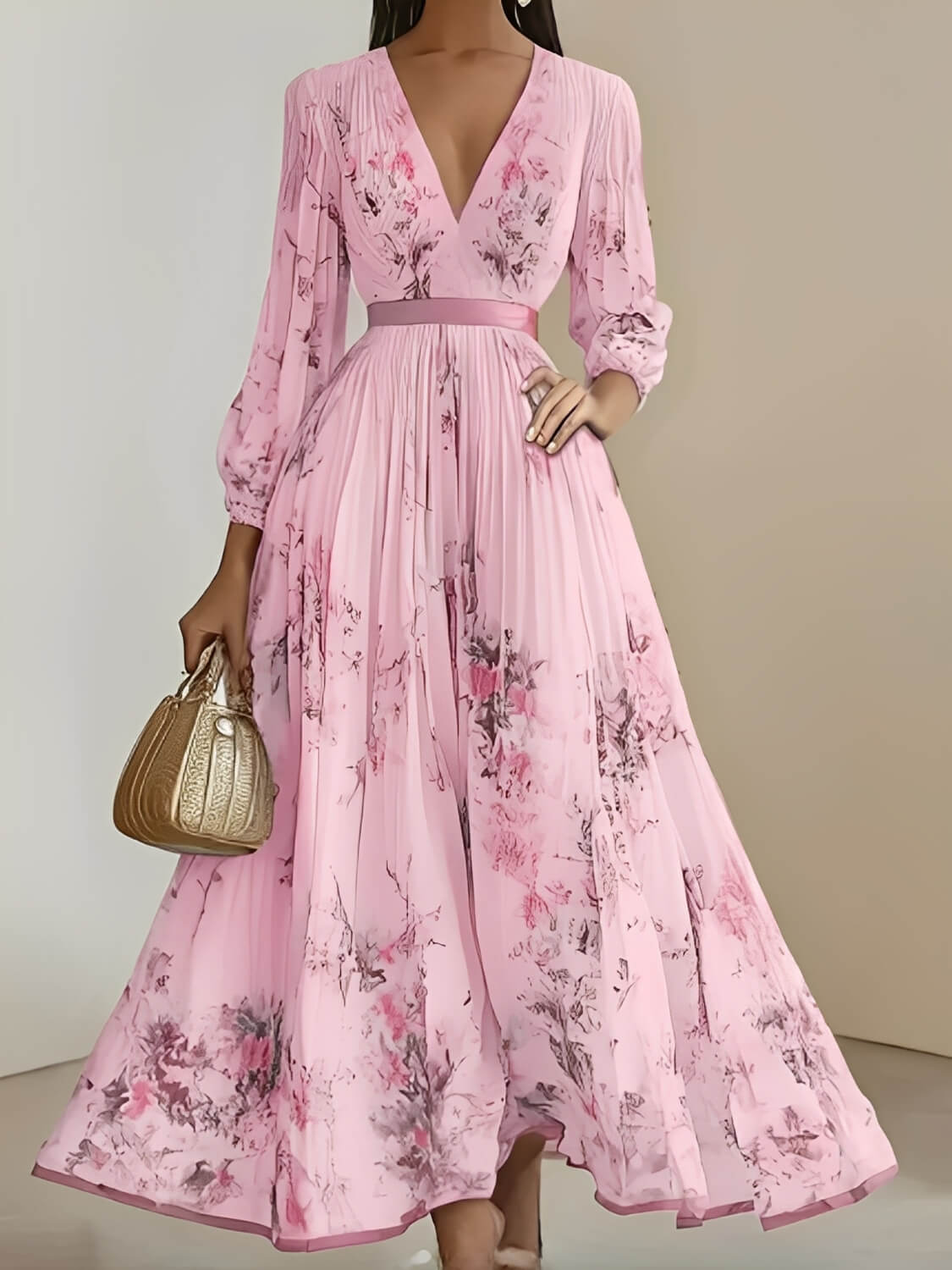 Vestido Longo Plissado Floral com Decote em V e Cinto-Faixa – Seraphina