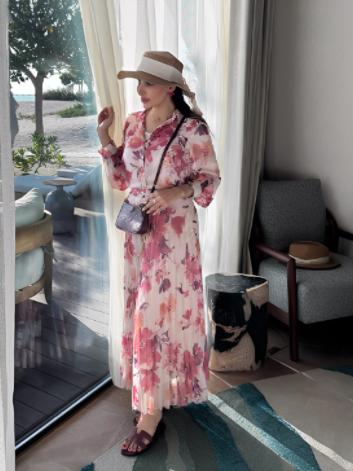 Conjunto Feminino Floral em Chiffon com Camisa Manga Longa e Saia Midi Plissada Cintura Alta – Audrey