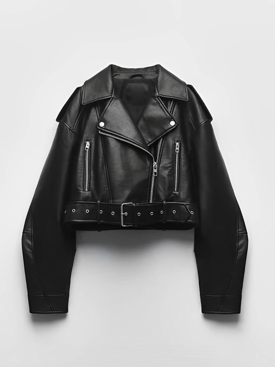 Jaqueta Feminina Cropped em Couro PU com Zíper Transversal e Cinto Decorativo na Barra - Eleonor