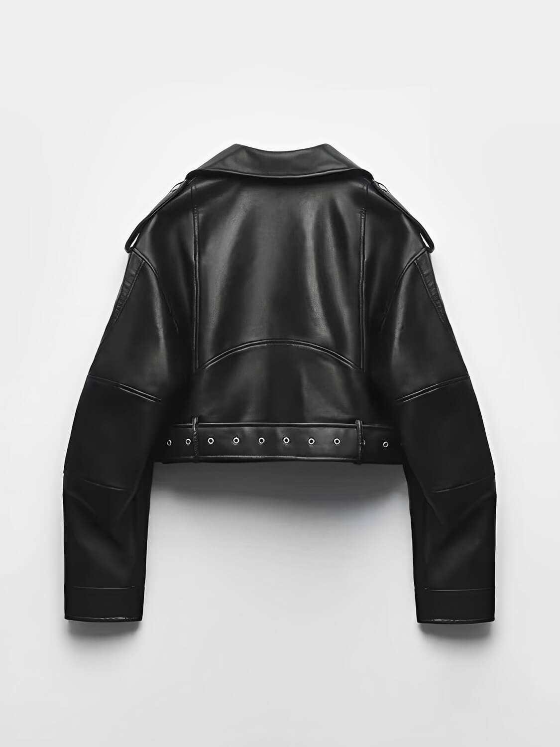 Jaqueta Feminina Cropped em Couro PU com Zíper Transversal e Cinto Decorativo na Barra - Eleonor
