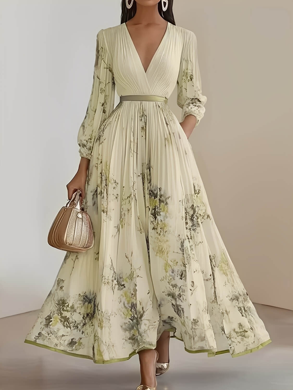 Vestido Longo Plissado Floral com Decote em V e Cinto-Faixa – Seraphina