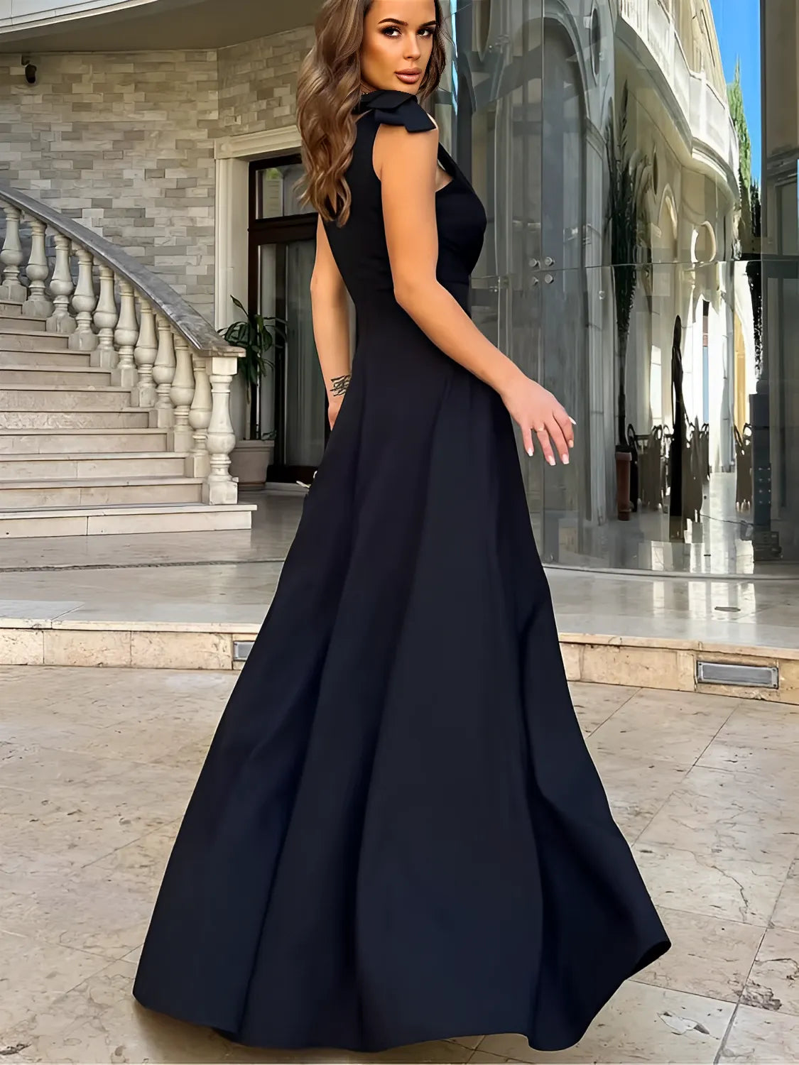 Vestido Longo de Festa com Decote em V Laço nas Alças e Fenda - Lara