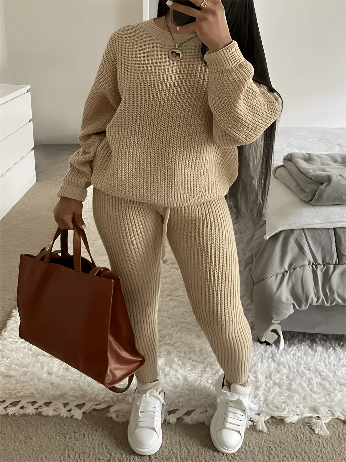 Conjunto de Tricô com Suéter Oversized e Calça Legging Ajustável – Ranya