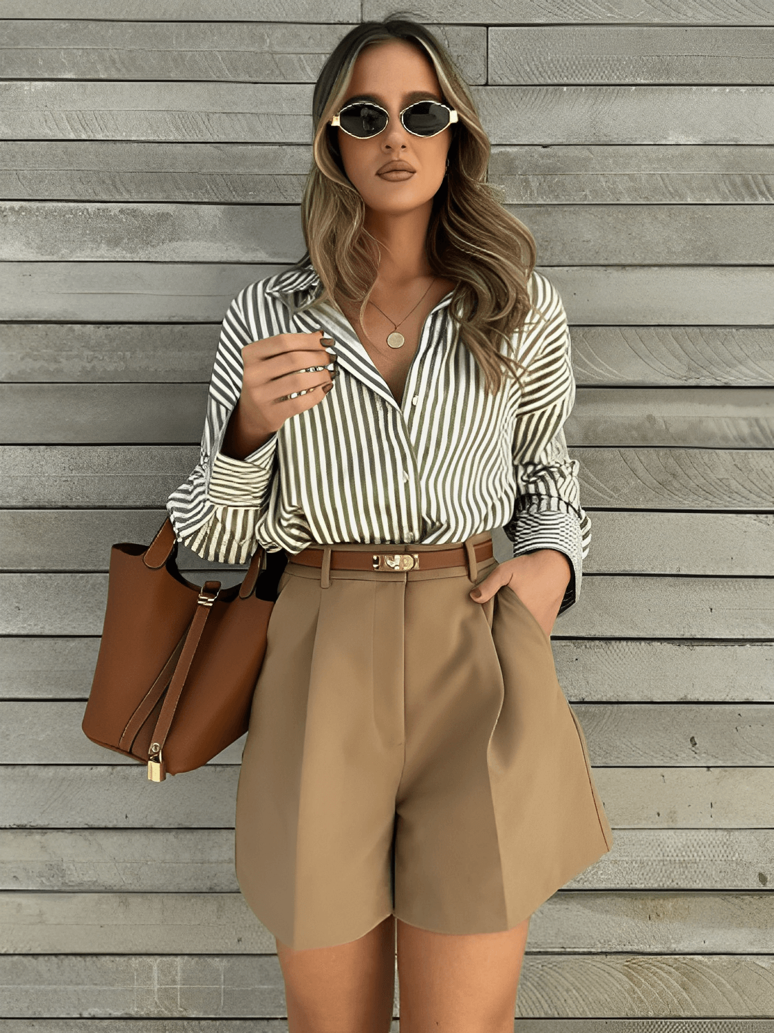 Camisa Feminina Listrada com Gola Clássica Estruturada e Botões Frontais – Glória