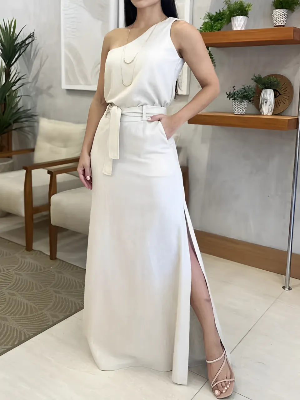 Conjunto com Blusa de Ombro Único e Saia Longa de com Amarração - Malena