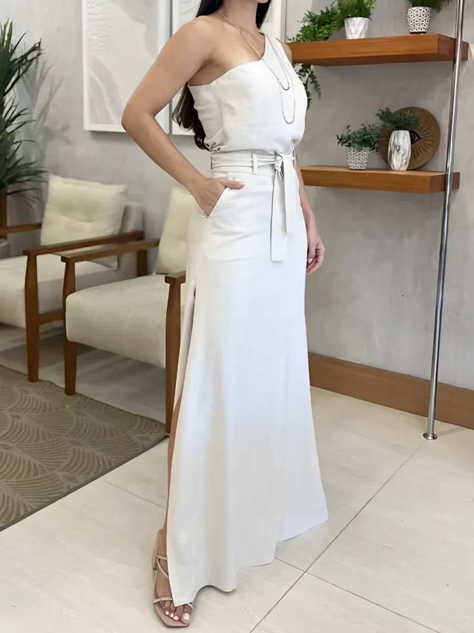 Conjunto com Blusa de Ombro Único e Saia Longa de com Amarração - Malena
