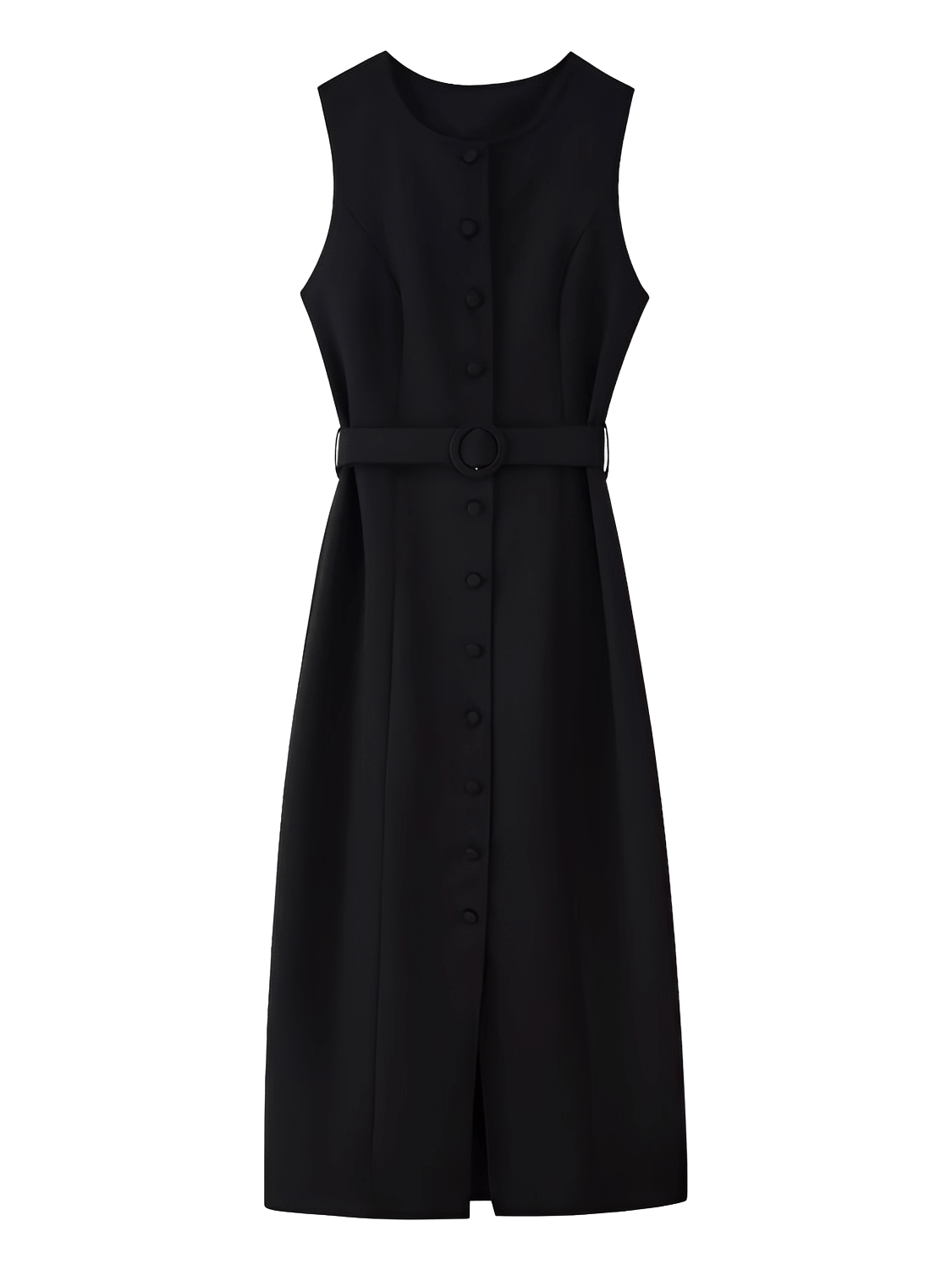 Vestido Feminino Midi Sem Mangas com Botões Forrados Cinto Decorativo e Fenda Sofisticada – Selena