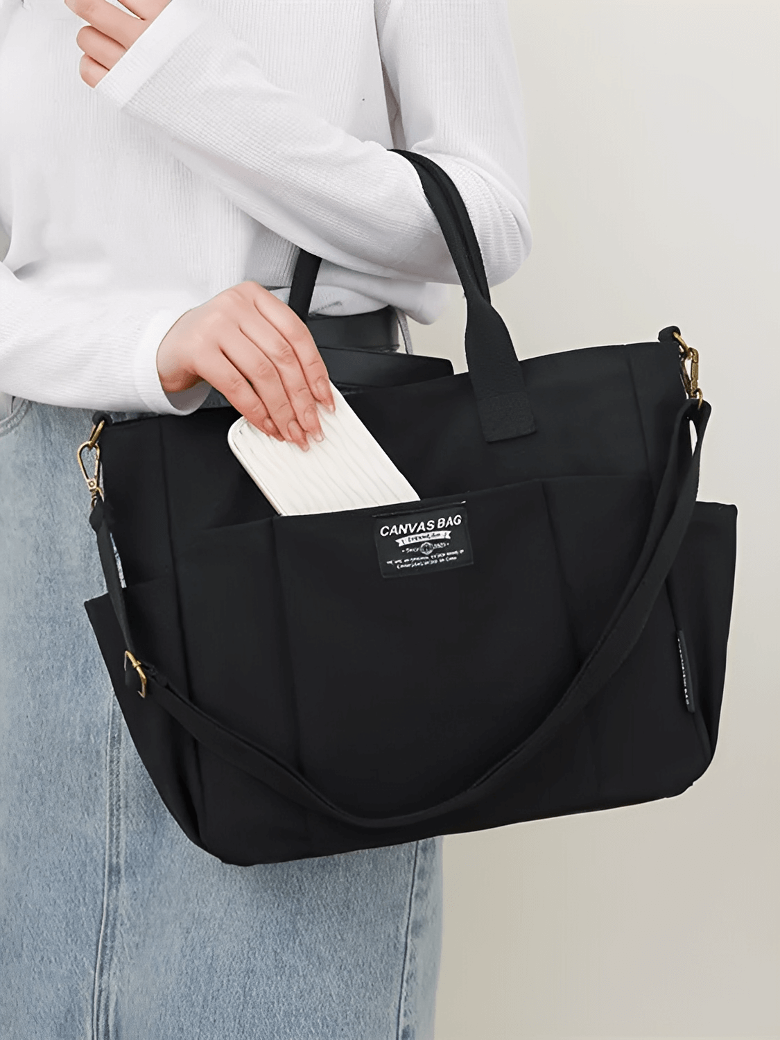 Bolsa Feminina Grande em Lona com Alça Ajustável Removível Bolsos e Compartimento Interno - Rania
