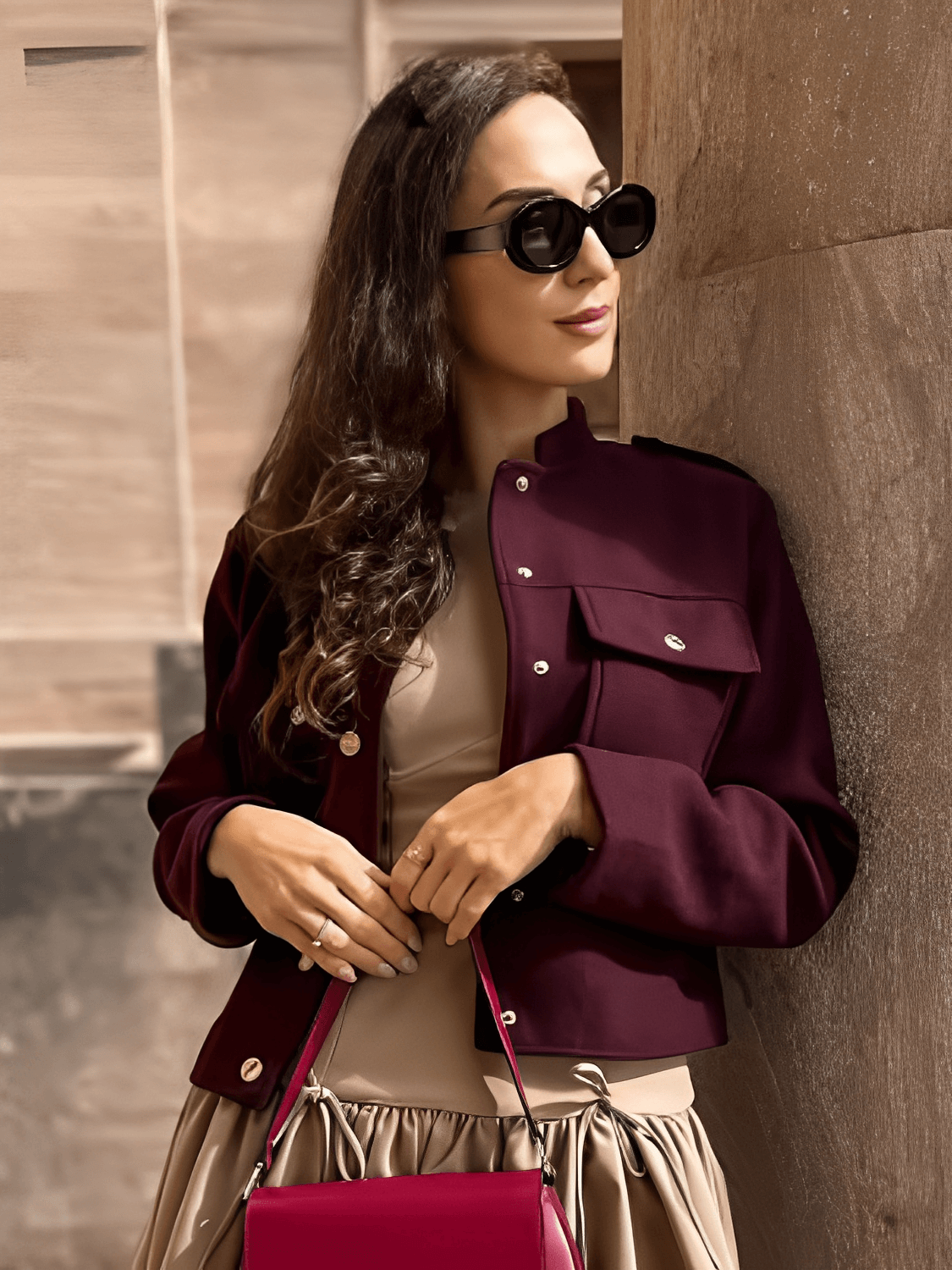 Jaqueta Feminina Bomber Aveludada em Alfaiataria com Botões Dourados Bolsos Frontais e Gola Redonda – Maya