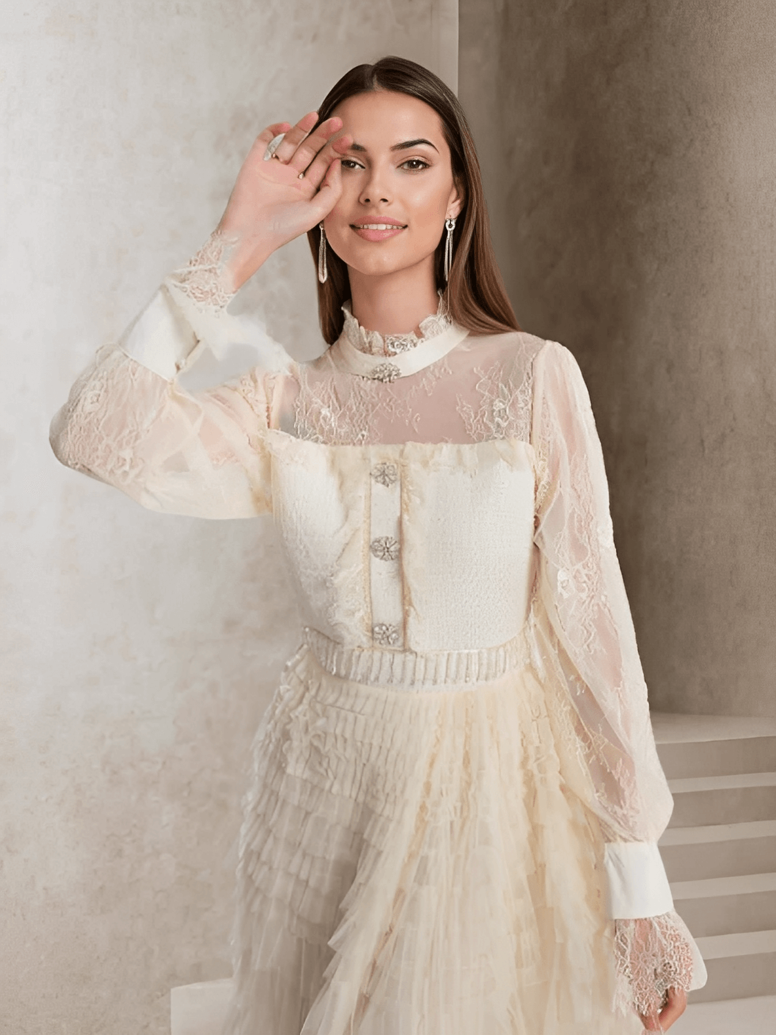Vestido Feminino Midi Texturizado em Tweed Renda com Babados Camadas Estruturadas e Botões Decorativos – Claire
