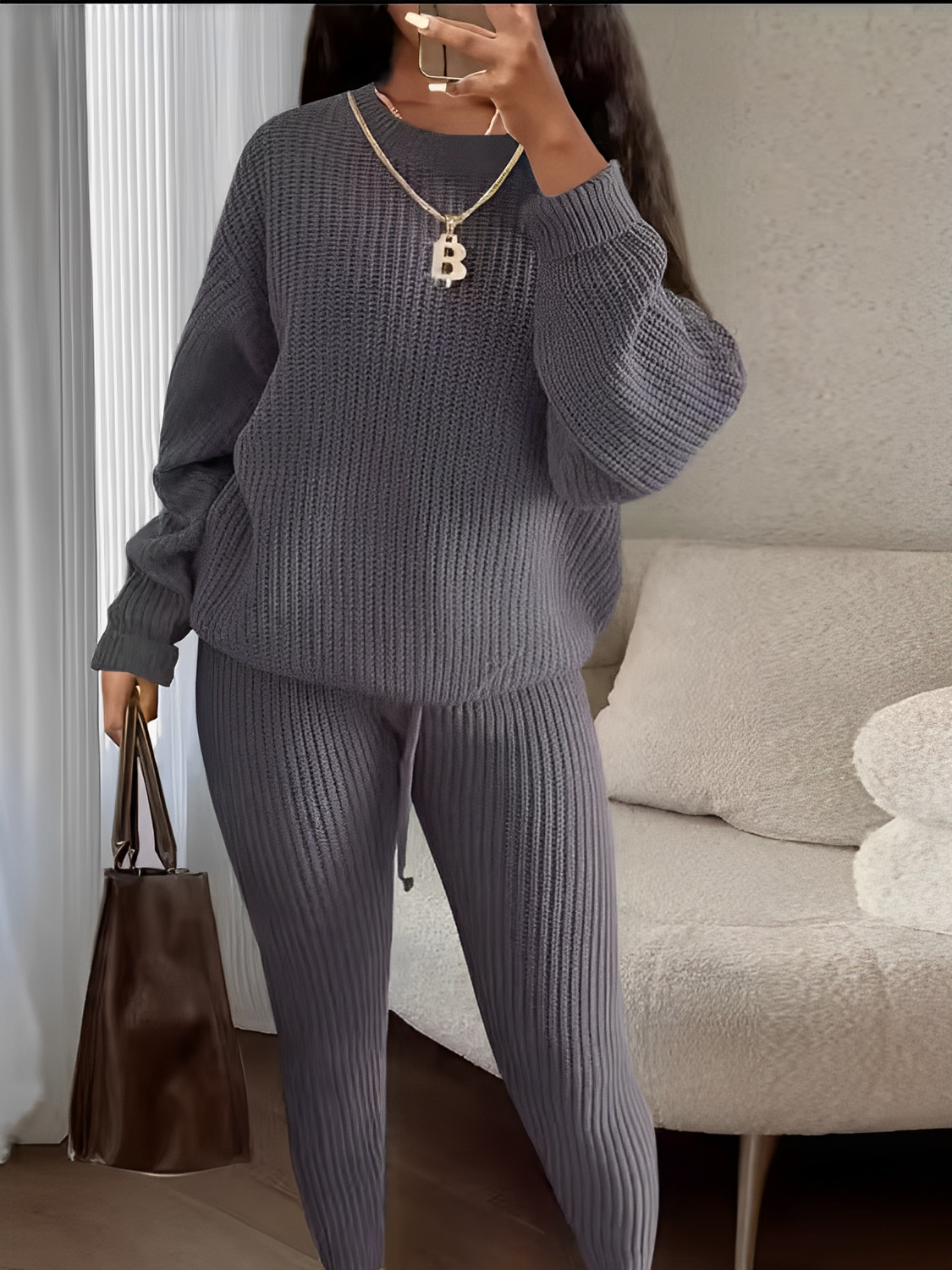 Conjunto de Tricô com Suéter Oversized e Calça Legging Ajustável – Ranya