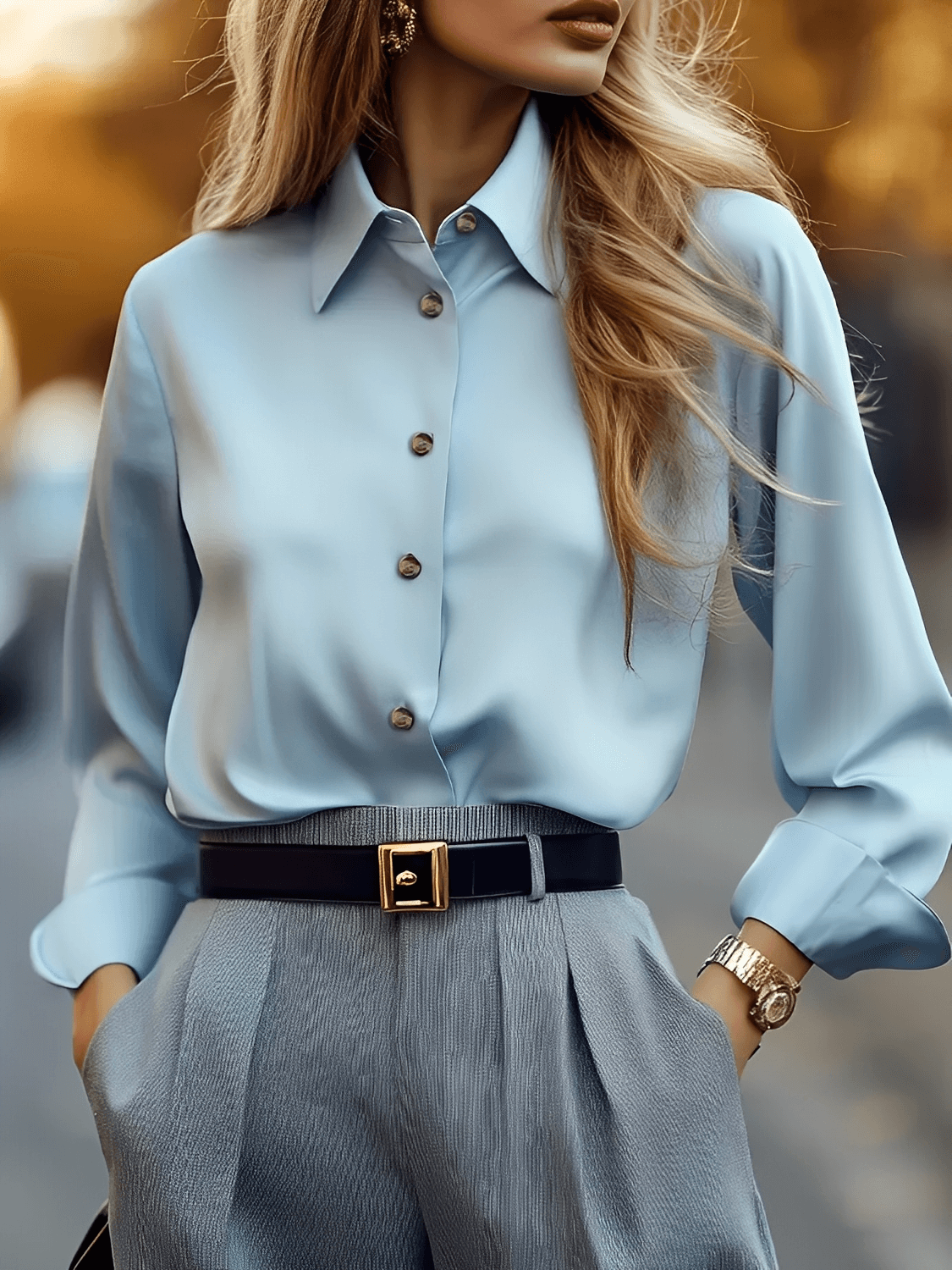 Camisa Feminina Semi-Acetinada com Lapela Botões Elegantes e Punhos Ajustáveis – Eva