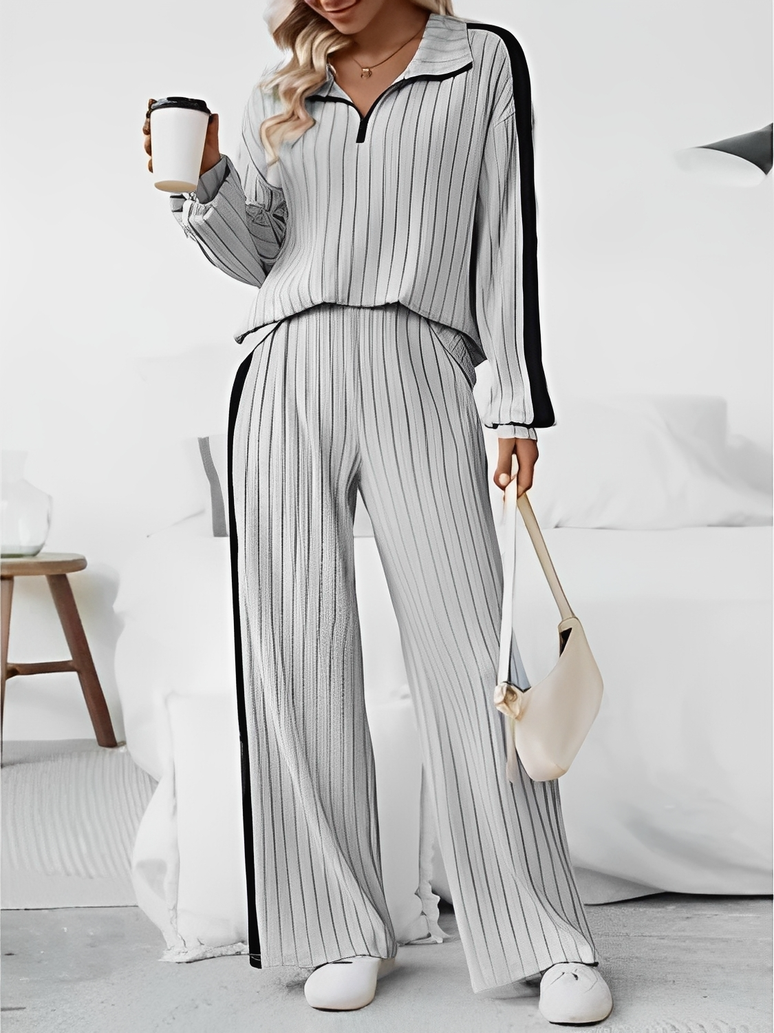 Conjunto Canelado com Suéter Gola V de Zíper e Calça Pantalona – Ivy