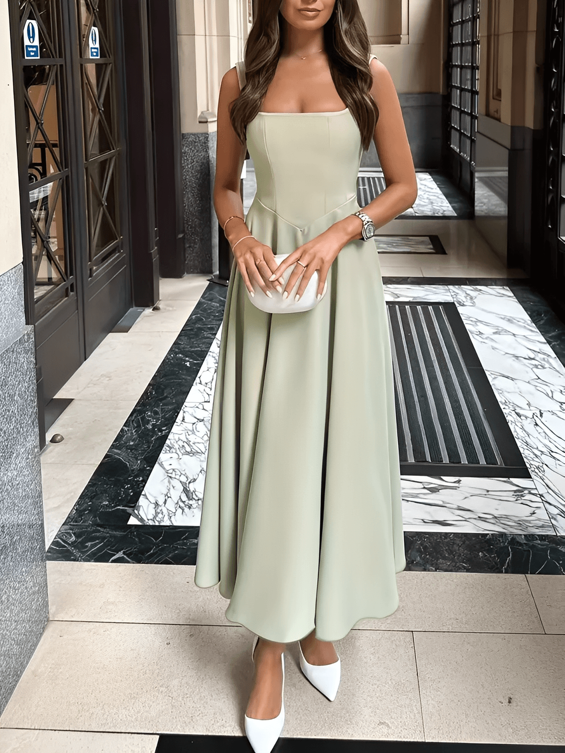 Vestido Feminino Longo Modelagem Evasê com Corset Estruturado de Alças Largas Decote Quadrado e Saia Fluida - Luciene