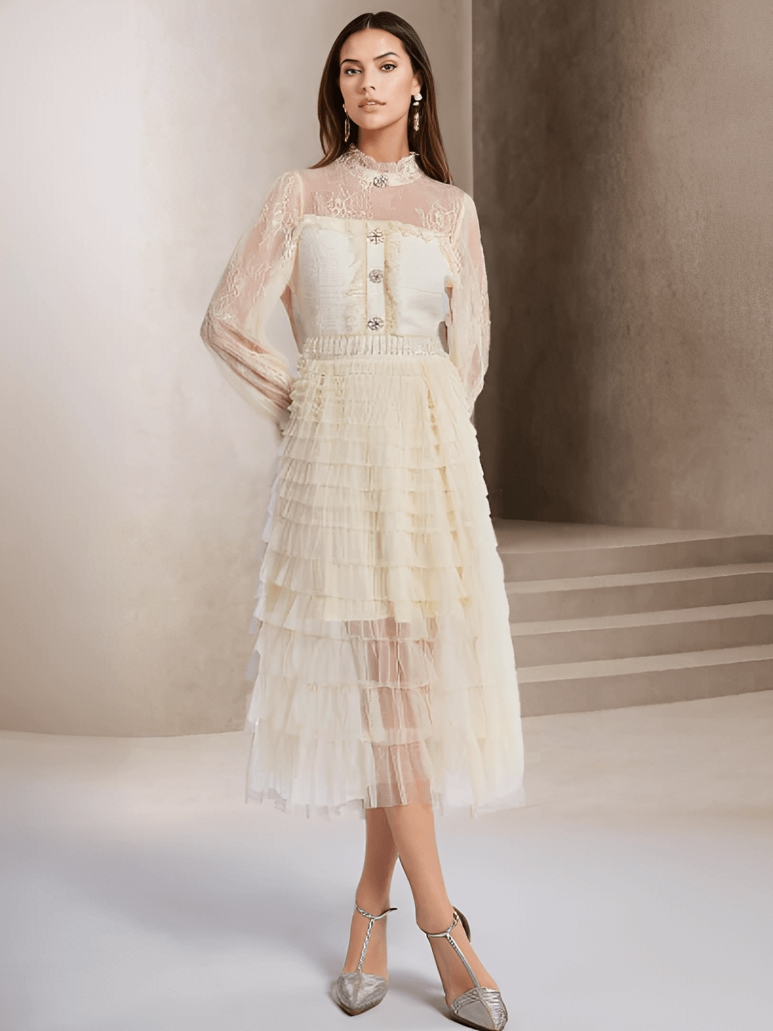 Vestido Feminino Midi Texturizado em Tweed Renda com Babados Camadas Estruturadas e Botões Decorativos – Claire
