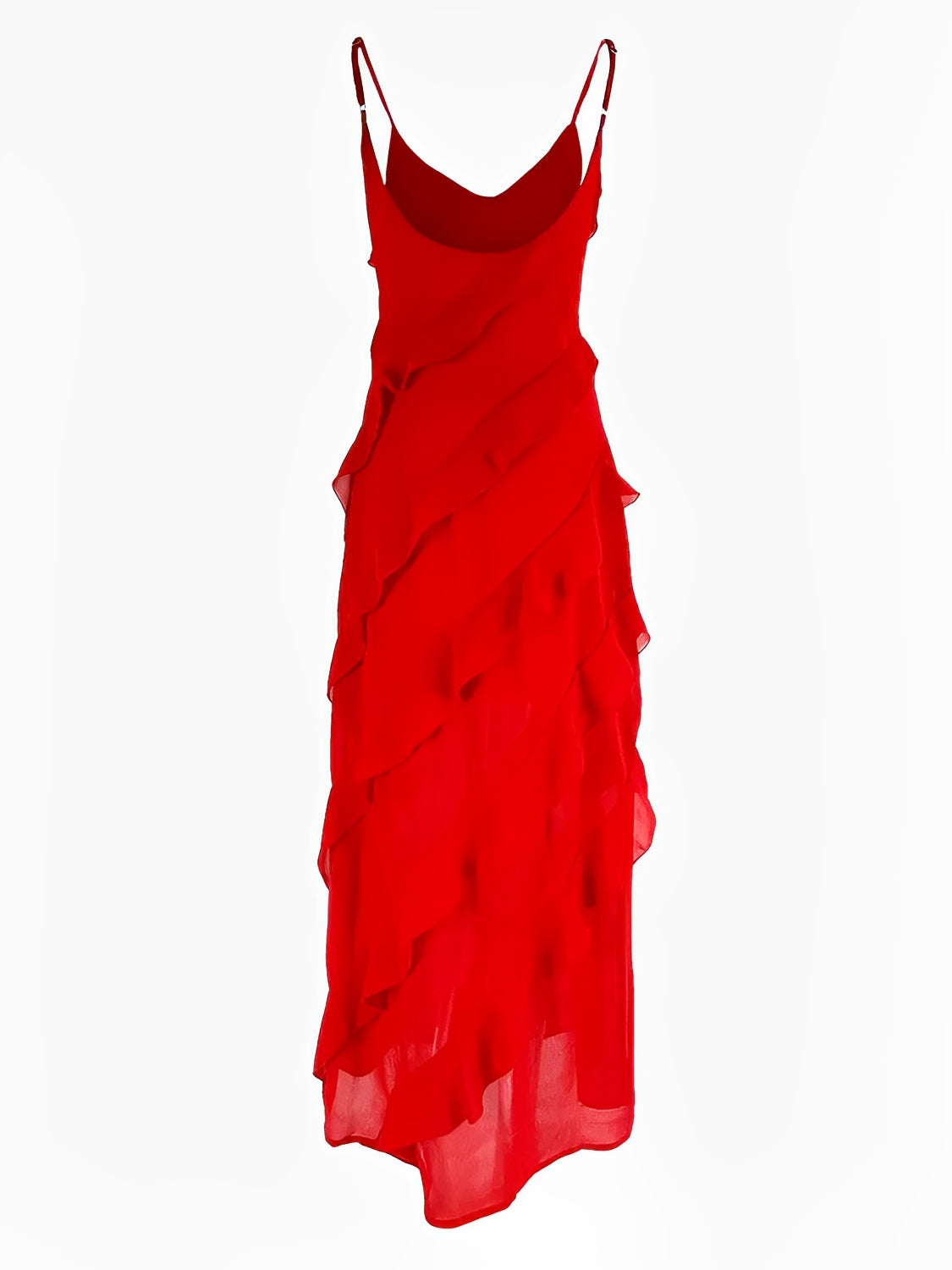 Vestido Feminino Longo de Festa em Chiffon com Babados Alças Finas e Costas Decotadas - Cassandra