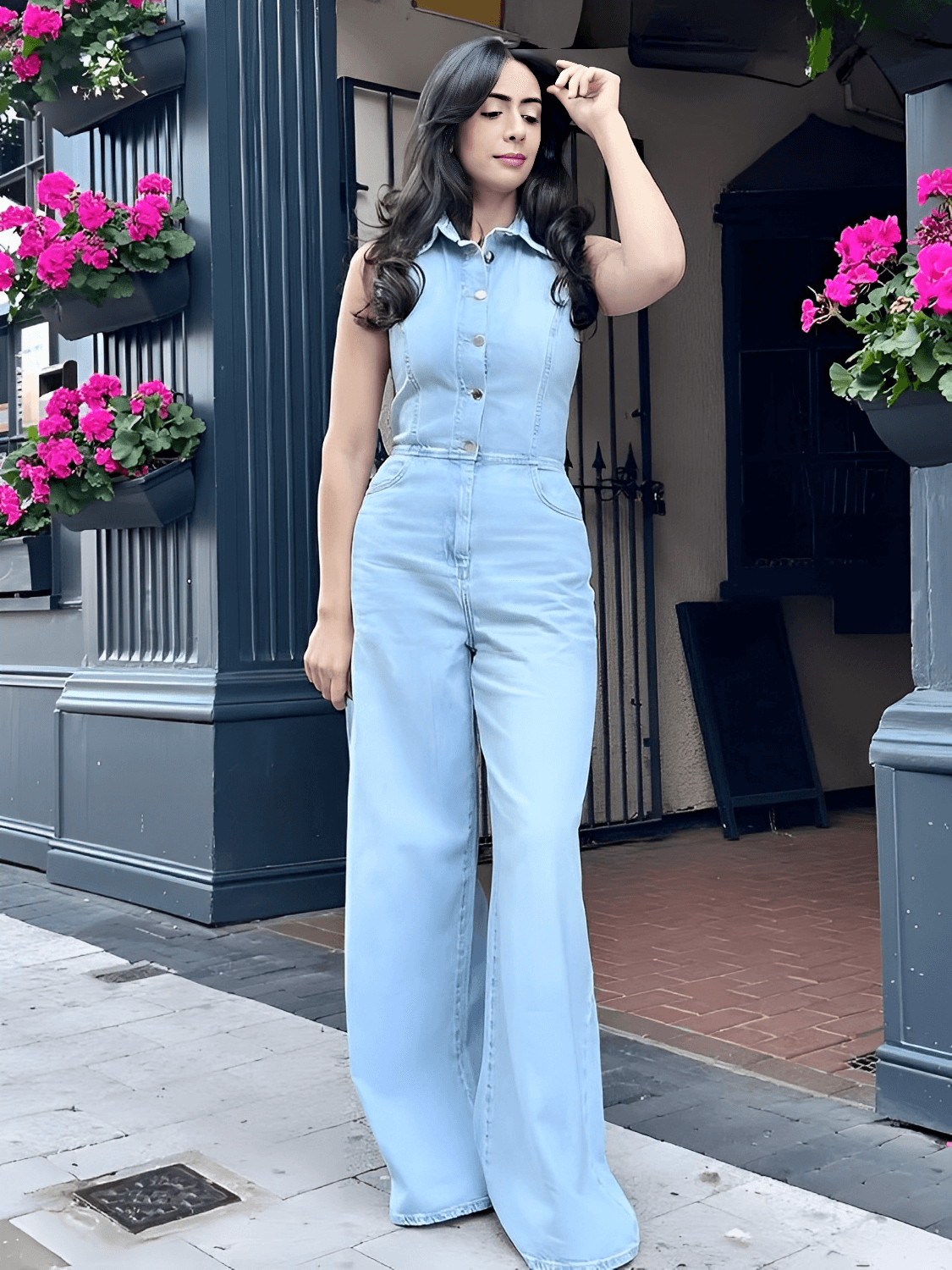 Macacão Feminino Jeans com Decote Nadador e Abertura Frontal em Botões Modelagem Wide Leg - Jordana
