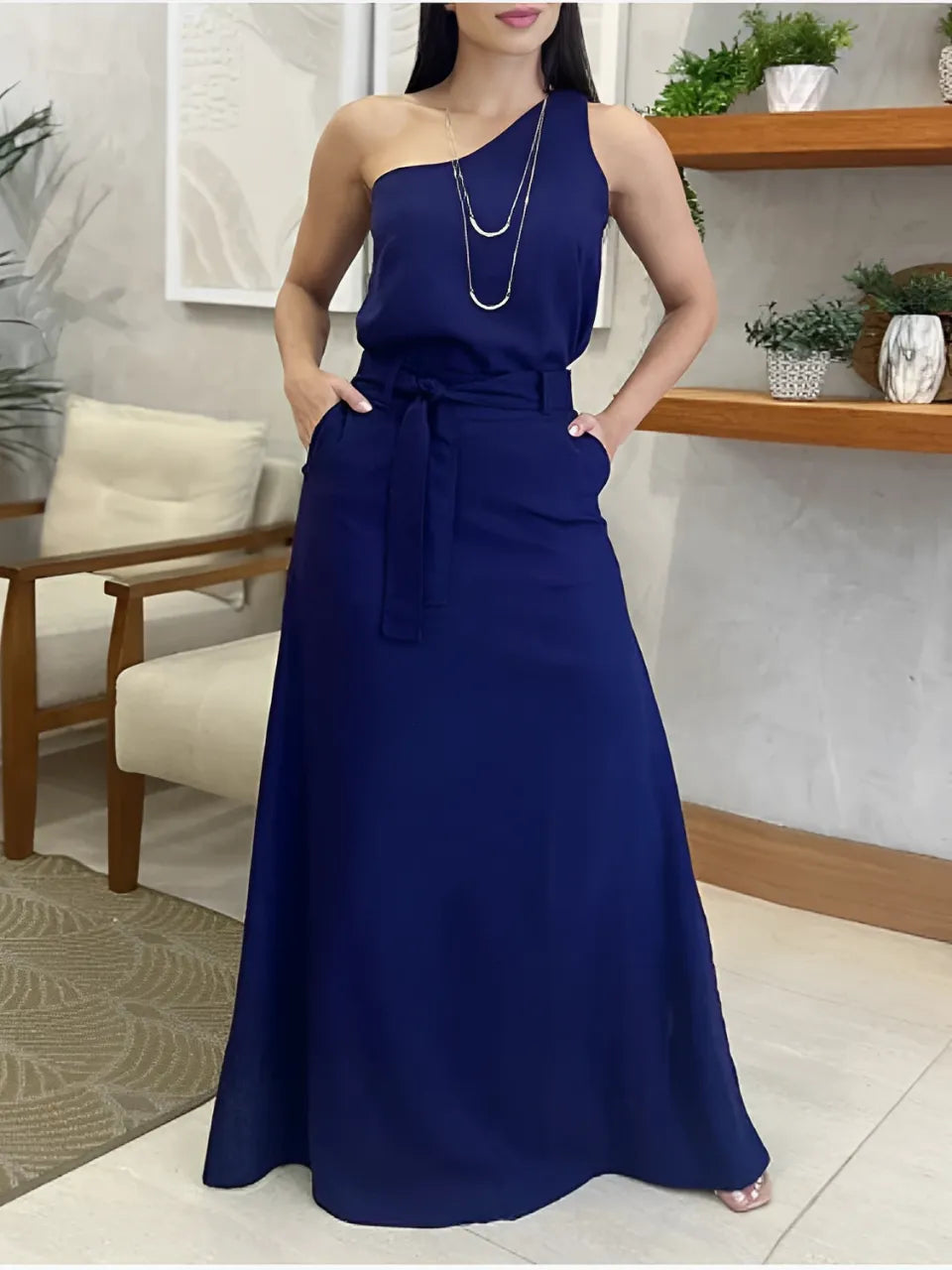 Conjunto com Blusa de Ombro Único e Saia Longa de com Amarração - Malena