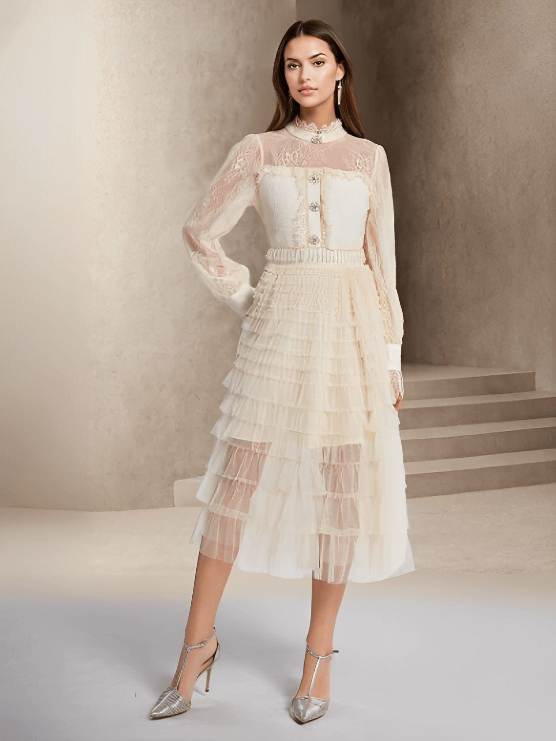 Vestido Feminino Midi Texturizado em Tweed Renda com Babados Camadas Estruturadas e Botões Decorativos – Claire