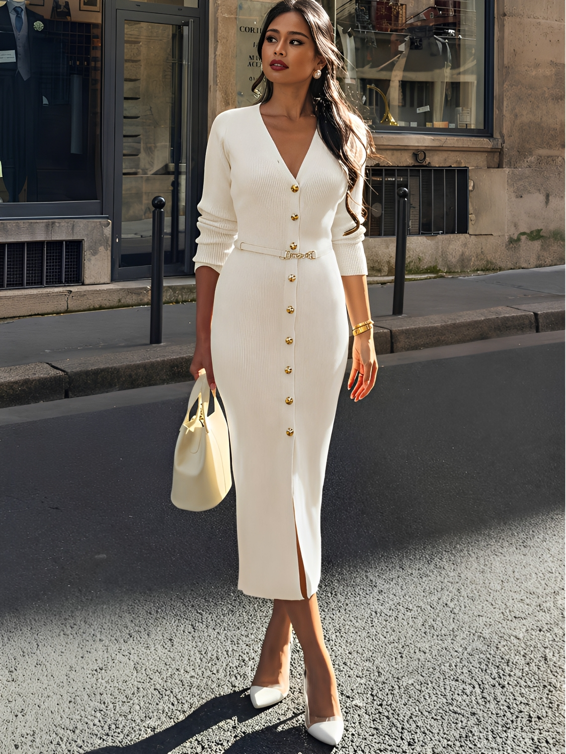 Vestido Midi Canelado Manga Longa com Decote V e Botões Frontais - Iracema