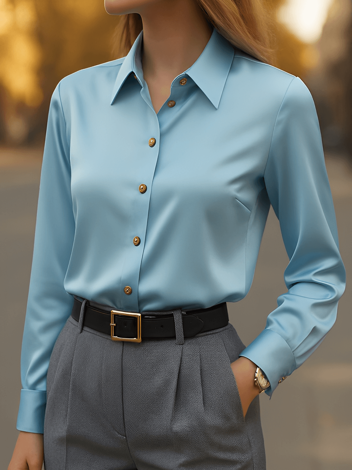 Camisa Semi-Acetinada com Lapela Botões e Punhos Ajustáveis – Eva