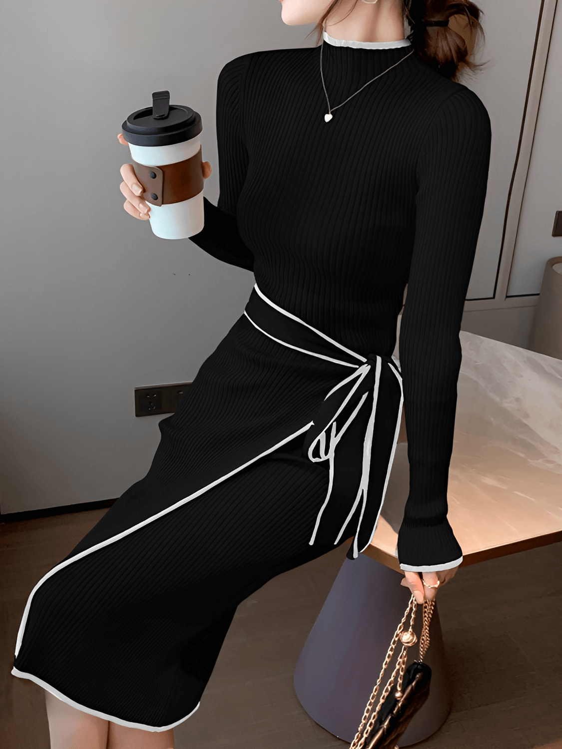 Vestido em Tricô Canelado com Gola Alta e Laço Transpassado – Apoline