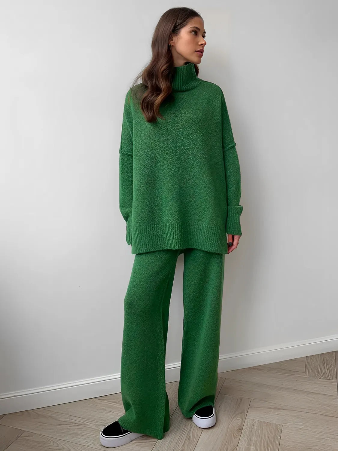 Conjunto de Tricô com Suéter Mullet Gola Alta e Calça Pantalona - Melanie