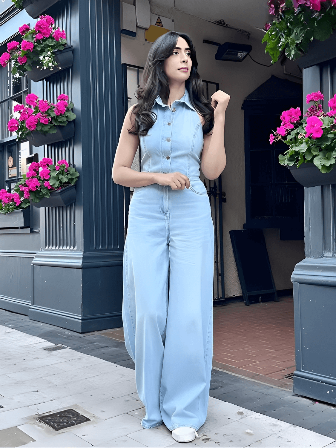 Macacão Feminino Jeans com Decote Nadador e Abertura Frontal em Botões Modelagem Wide Leg - Jordana