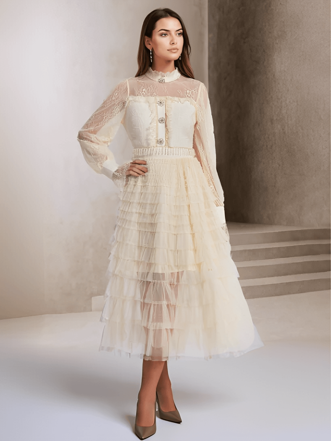 Vestido Feminino Midi Texturizado em Tweed Renda com Babados Camadas Estruturadas e Botões Decorativos – Claire
