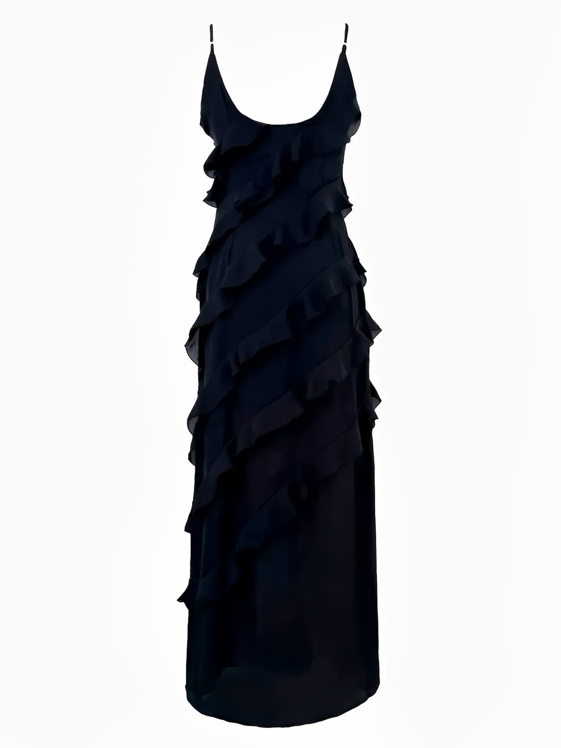 Vestido Feminino Longo de Festa em Chiffon com Babados Alças Finas e Costas Decotadas - Cassandra