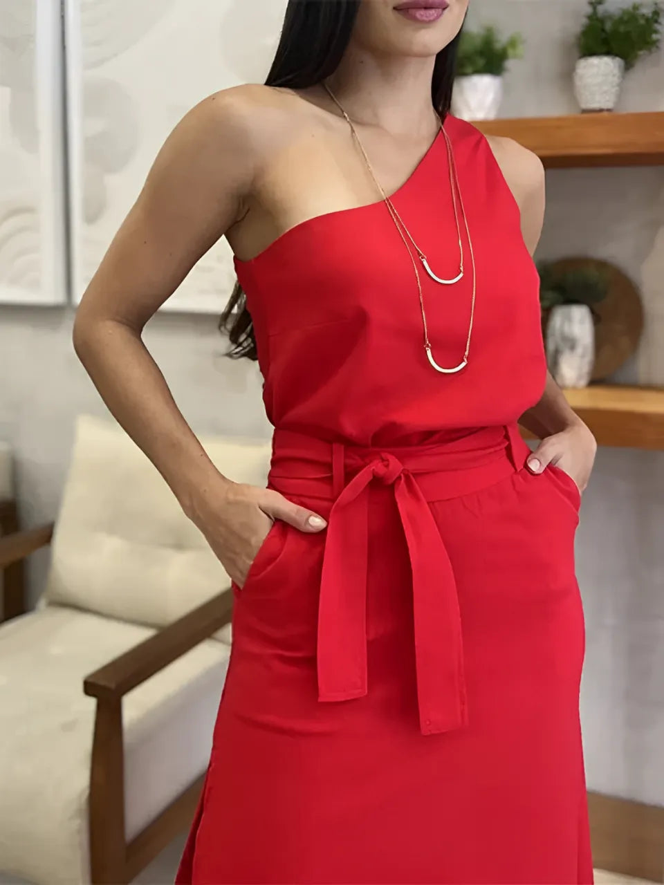 Conjunto com Blusa de Ombro Único e Saia Longa de com Amarração - Malena