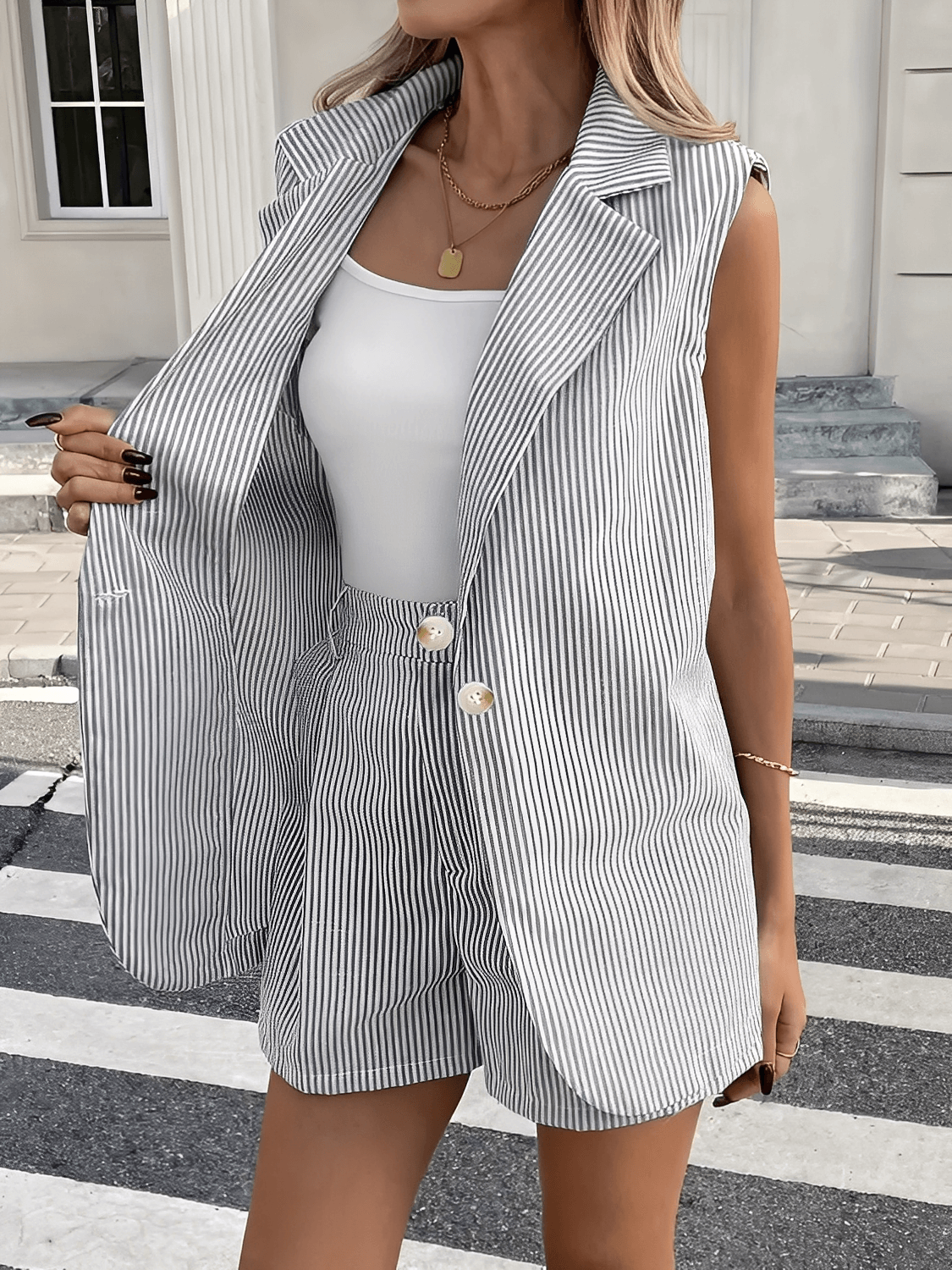 Conjunto Feminino Listrado com Colete Longo Sem Mangas e Short com Bolsos – Paula