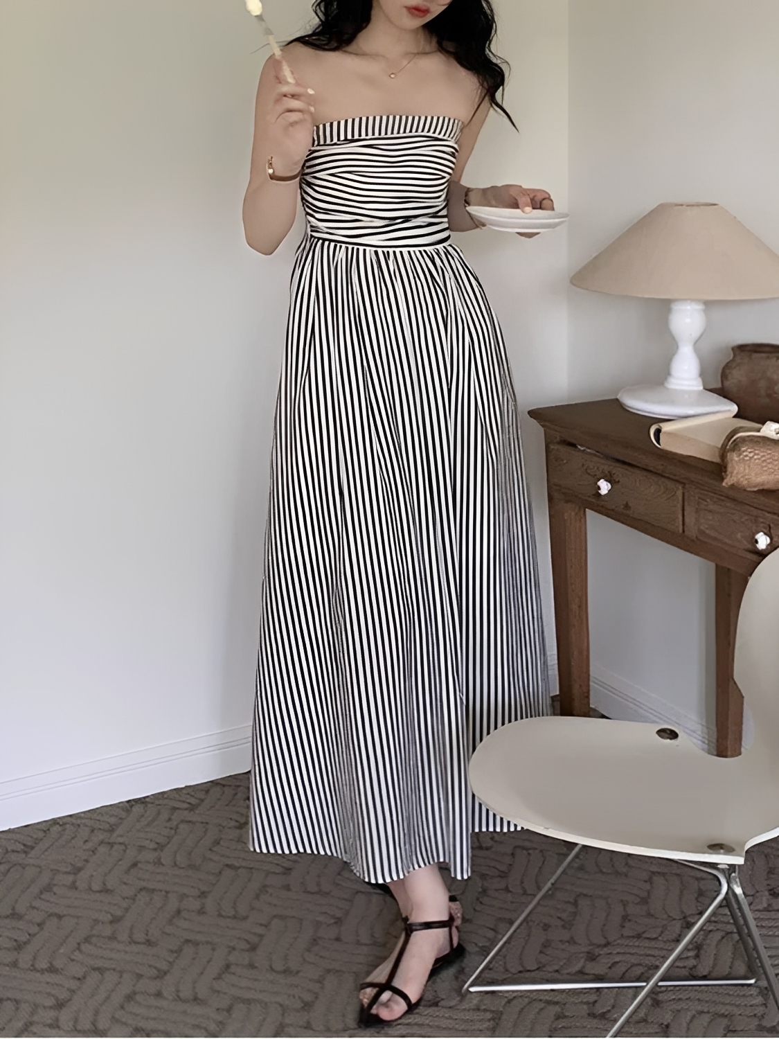 Vestido Maxi Listrado Tomara que Caia Cintura Franzida e Elástico – Molie