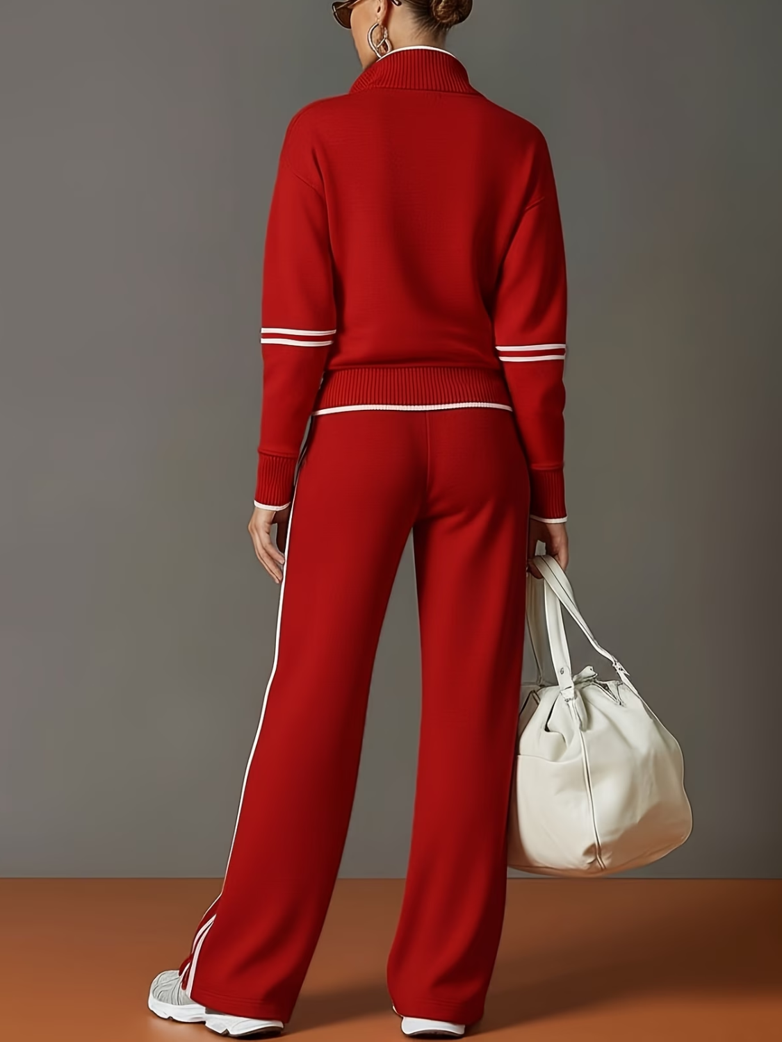 Conjunto com Suéter Meio Ziper Calça Wide Leg e Listras Elegantes- Jana