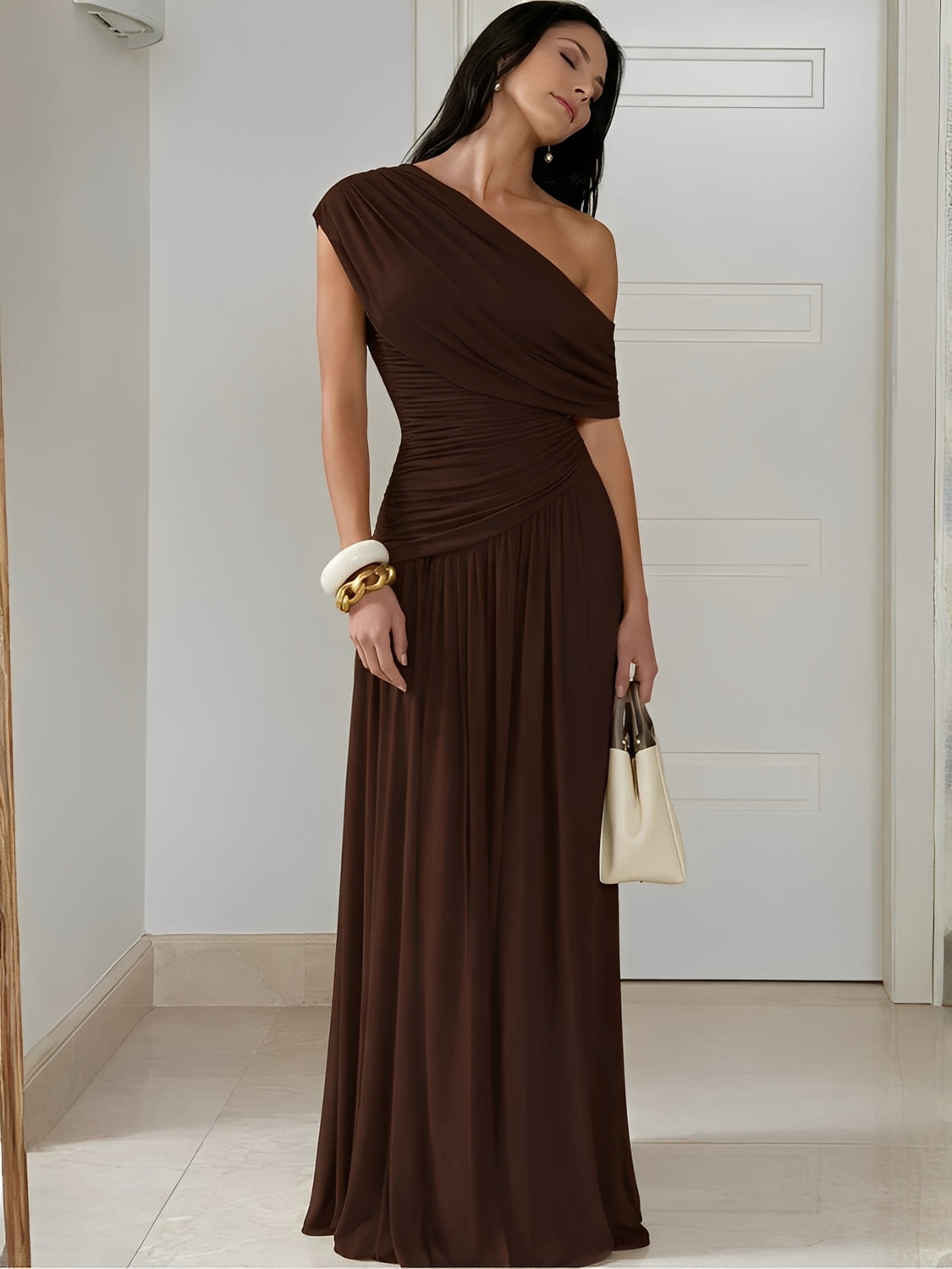Vestido Longo Plissado Ombro Único Acinturado com Franzidos – Lunara