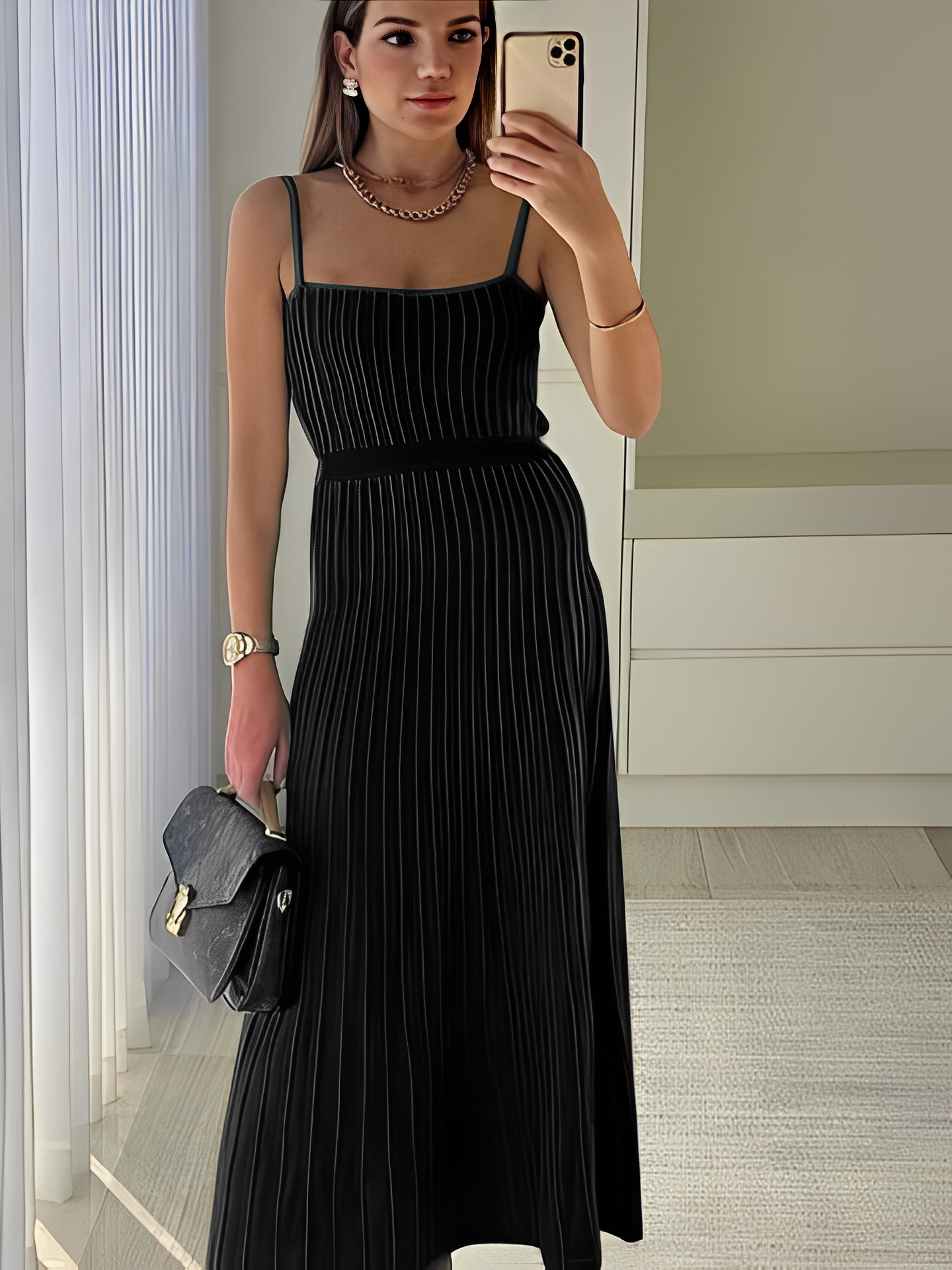 Vestido Midi Plissado em Tricô de Alças Finas e Cintura Elástica - Nalu