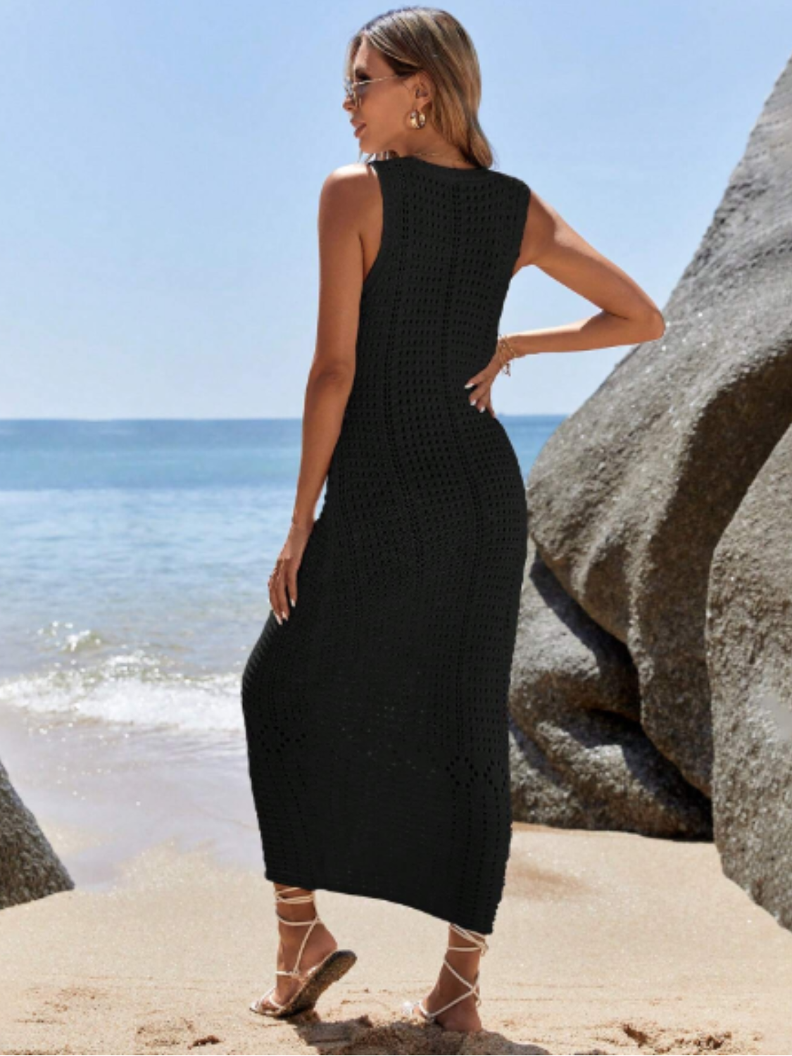 Vestido Feminino Midi em Crochê Vazado Com Decote V e Alças Largas – Samantha