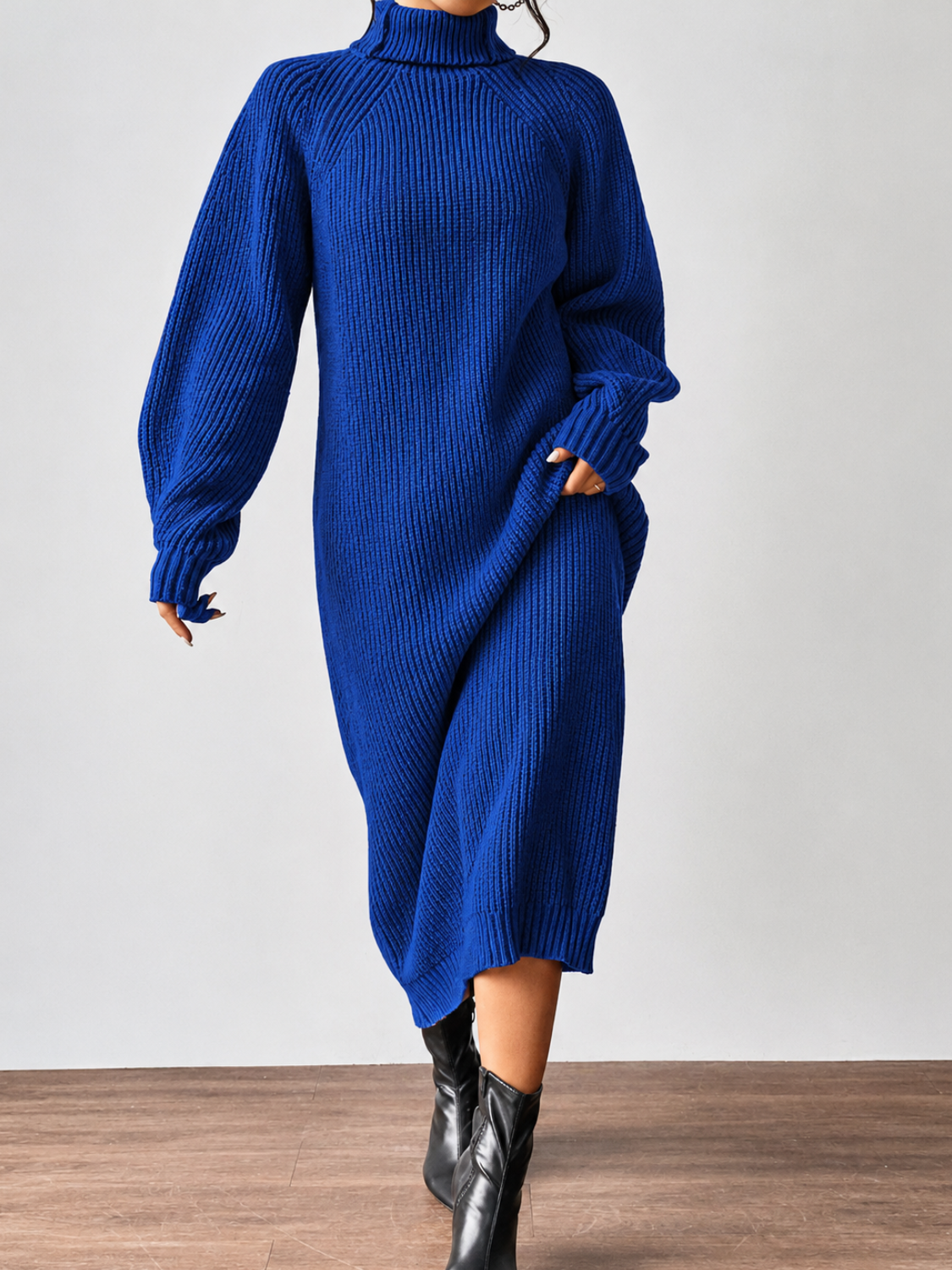 Vestido Suéter Midi em Tricô Canelado com Gola Alta e Mangas Longas -Julieta