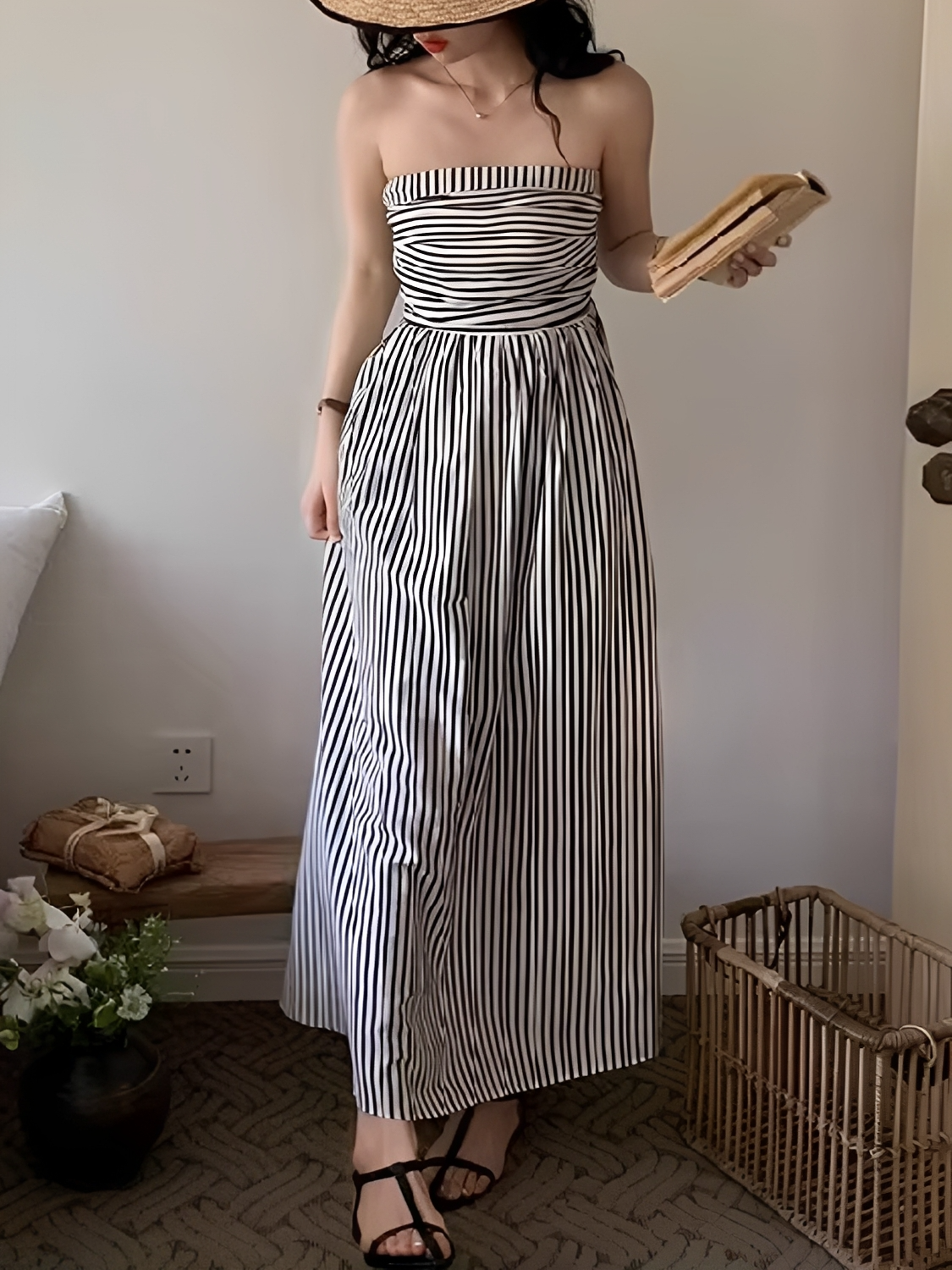 Vestido Maxi Listrado Tomara que Caia Cintura Franzida e Elástico – Molie