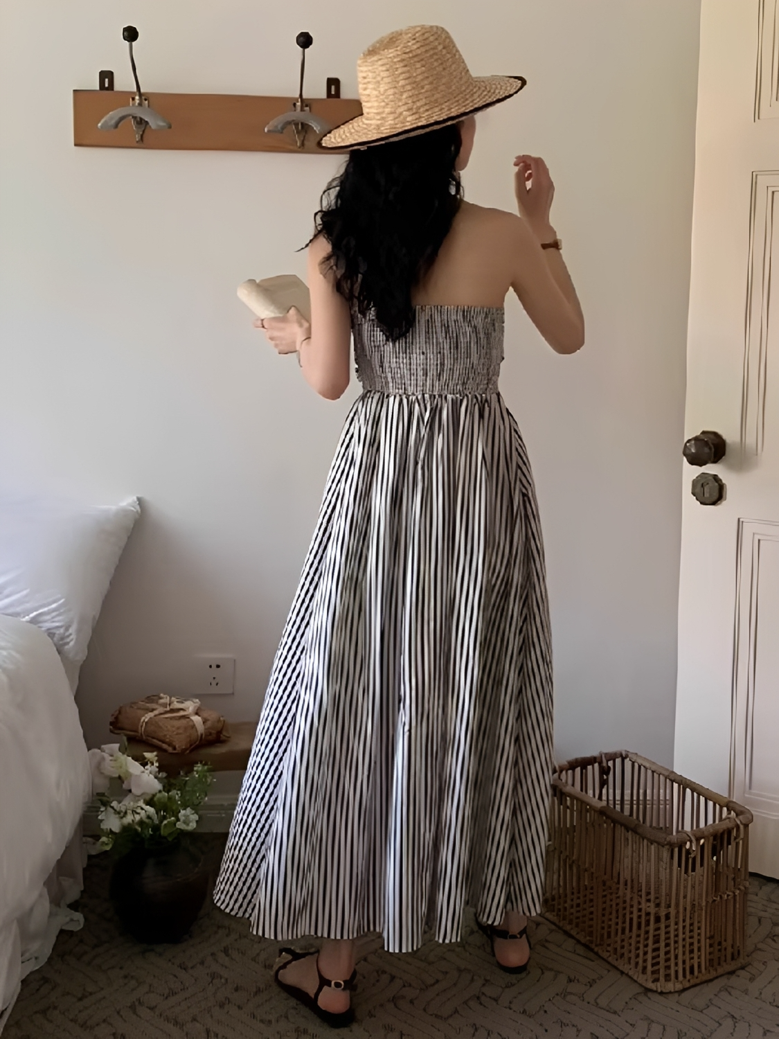 Vestido Maxi Listrado Tomara que Caia Cintura Franzida e Elástico – Molie