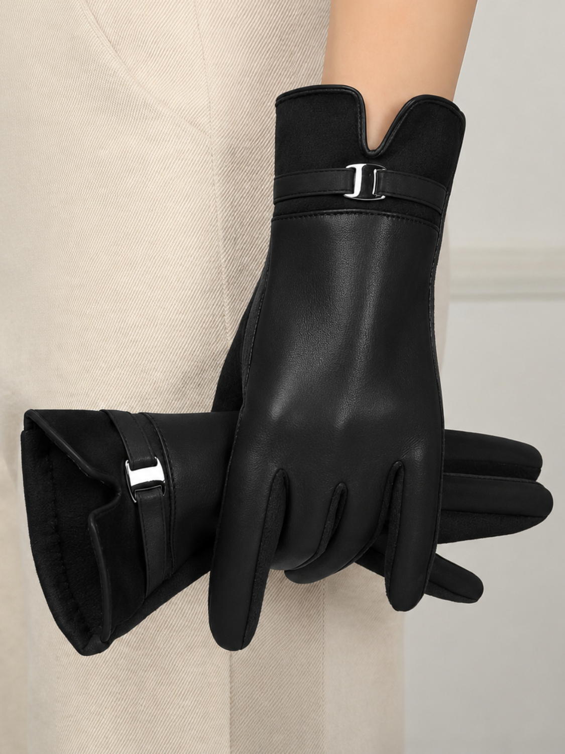 Luva Touch em Couro PU e Suede com Fivela Dourada Elegante- Kimberly